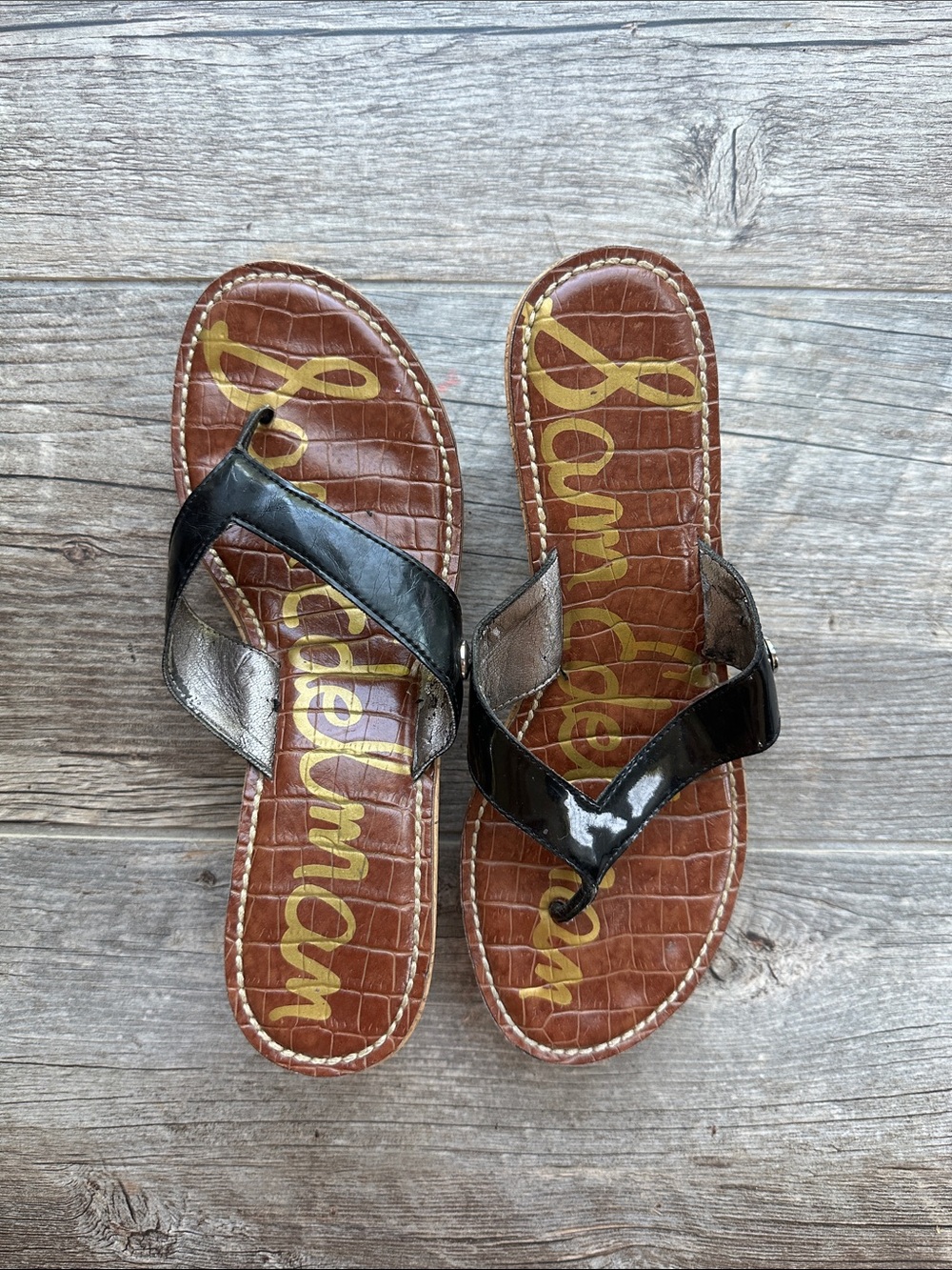 Sam Edelman Black Patent Thong Sandals with Croc-Embossed Brown Insole